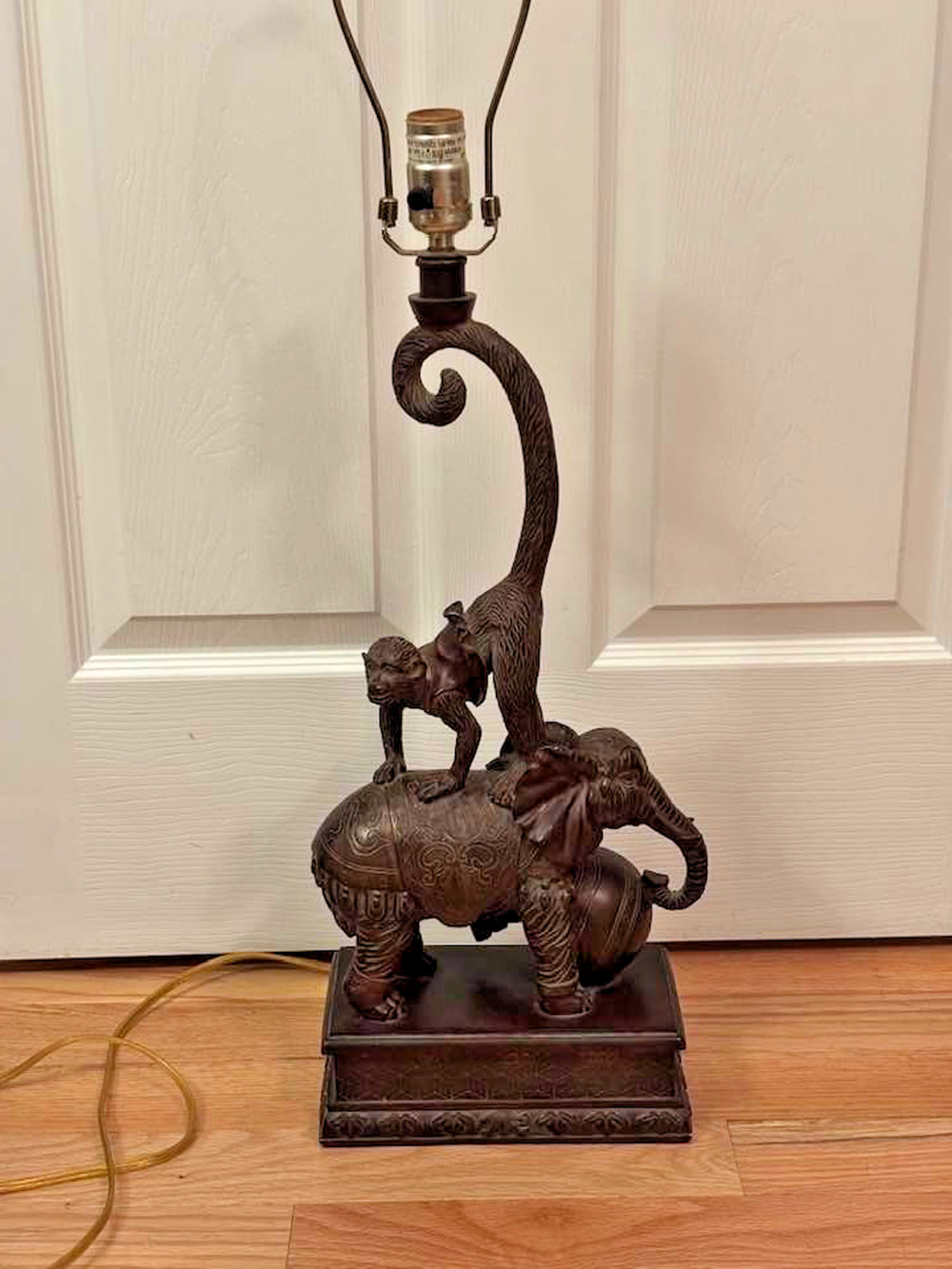 RARE MAITLAND SMITH TABLE LAMP WITH MONKEY RIDING ON THE BACK OF AN ELEPHANT